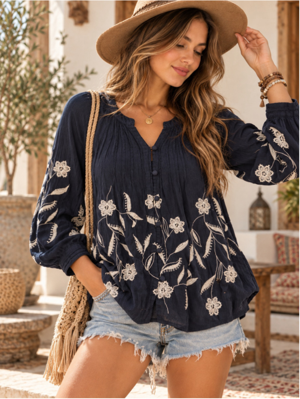 J.Jill Navy Blue Embroidered Floral Boho Blouse Women’s Petite S Long Sleeve